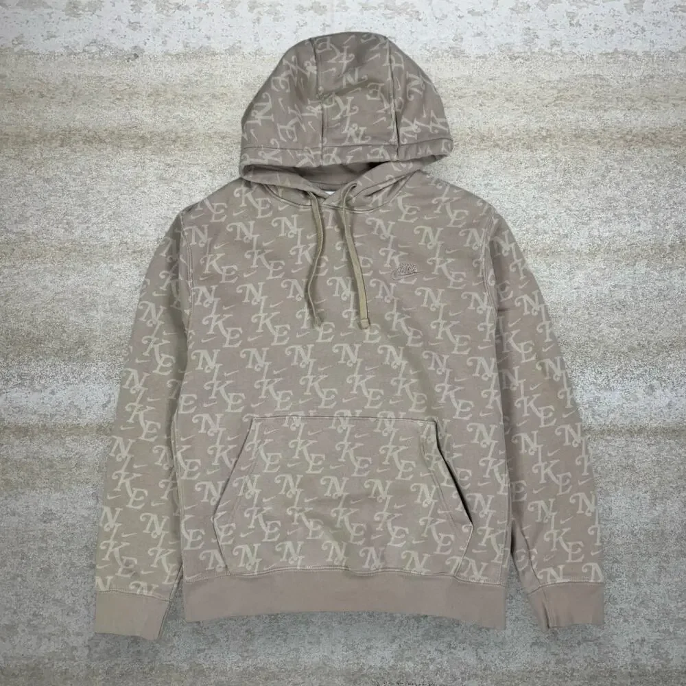 Vintage Y2K Nike Hoodie Mens L Light Brown All Over Print Swoosh Cotton Pullover - Picture 1 of 4